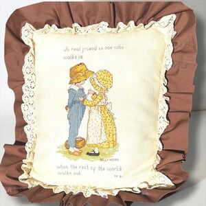 Vintage Holly Hobbie Cross Stitch Pillow Ruffle Lace Friendship 1981 Brown Cream